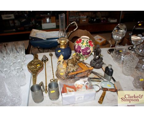 A quantity of various metalware and sundry items to include gallery trays; a floral decorated vase; oil lamp with studio pott