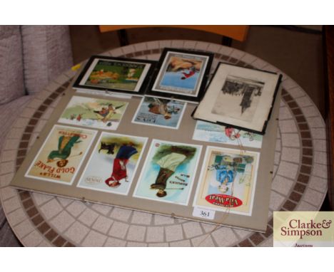 A quantity of framed reproduction advertising cards and a black and white etching of St Andrews Cathedral