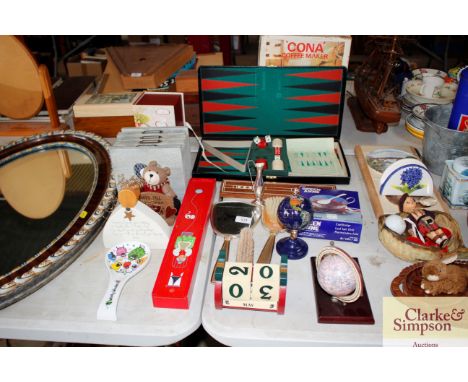 A quantity of various sundry items to include backgammon set, cribbage board, dressing table items, knitting needles in stora