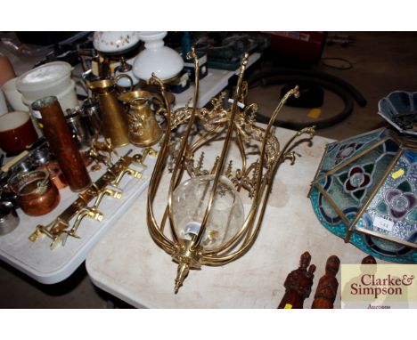A brass and glass hanging light fitting (missing some parts)