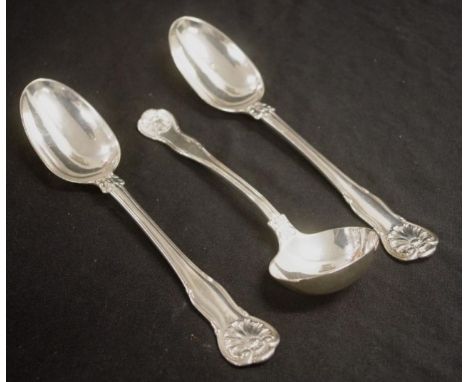 Two George IV sterling silver soup spoons including 1 X London 1825, and 1 X London circa 1820s, (date mark rubbed), makers W
