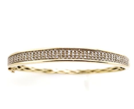 Pave diamond and 9ct yellow gold bangle marked 375 A&amp;C to box clasp. Approx weight 12.9 grams, inside width 59mm, 42x rou