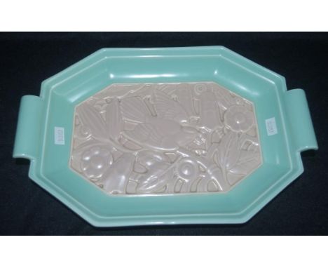 Vintage Poole ' Twin Tone'  serving plate embossed bird and leaf decoration, on pale green ground, marked to base and # 486/C