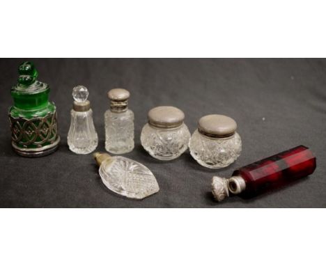 Collection early silver &amp; crystal perfume bottles including pair silver lidded crystal rouge jars, &amp; a perfume bottle