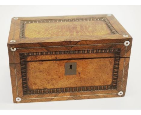 19th century walnut tea caddy with mother of pearl inlay and reed moulding