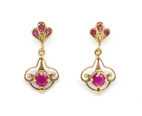 Ruby and 9ct rose gold hanging stud earrings marked 375. Approx weight 1.8 grams