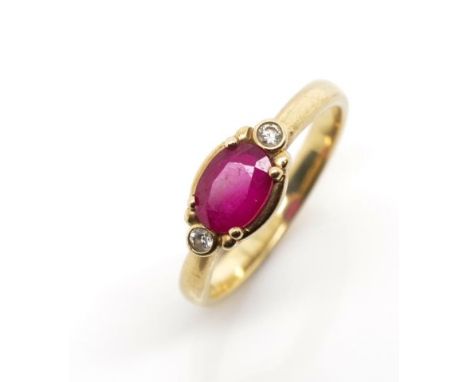 Ruby, diamond and 9ct yellow gold ring marked 375. Approx weight 2.2 grams, ring size N