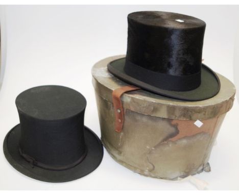 Two vintage top hats in a hat box one Tress &amp; Co fine silk, the other made in England for David Jones fine Merino