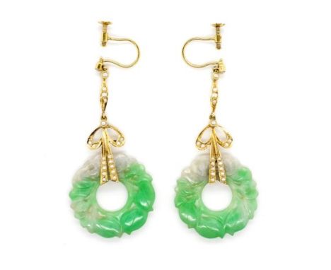 Carved jade and Australian 15ct gold ear clips marked 15ct A J Parkes. The hanging earrings are set with seed pearls and scre