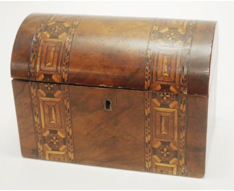 Antique Tunbridge ware domed tea caddy inlaid decoration, dual lidded compartment.