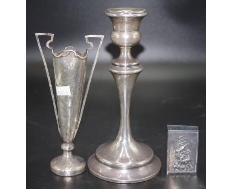 George V Sterling silver candlestick and vase hallmarked Birmingham 1911 and 1913 (both weighted), together with a Dutch silv