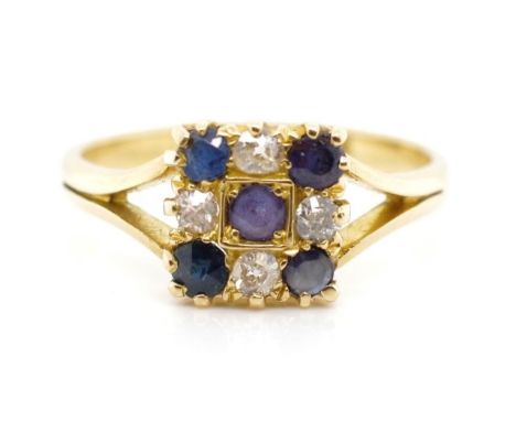 Antique diamond 18ct yellow gold ring also set with blue gemstones. Marked 18ct. Approx weight 3 grams, ring size M