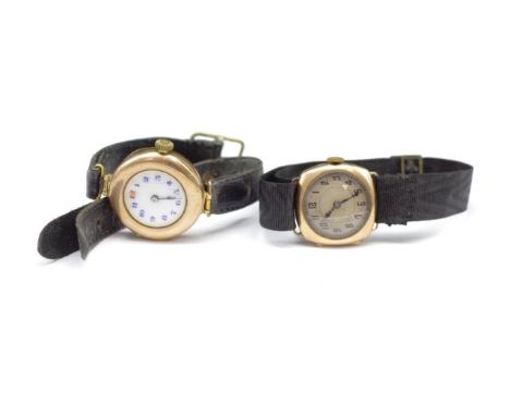 Two 9ct yellow gold manual wind watches for restoration. Both with 9ct import marks, 1927 &amp; 1915, estimated weight of cas