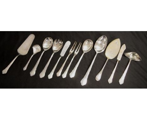 Set twelve Scandinavian silver serving utensils including pair serving spoons, salad fork, ladle, serving knife and forks, ba