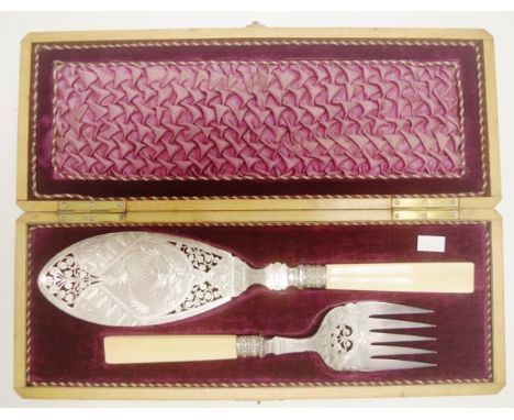 Vintage cased silver plate fish serving set including serving slice and fork, each with engraved decoration to silver plate b