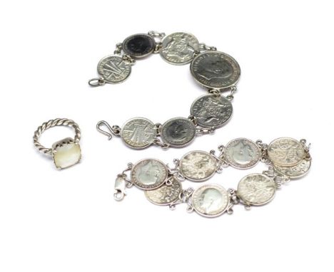 Two silver coin bracelets and Pandora ring includes two Australian three pence coin bracelets Approx lengths 18 &amp; 19cm. A