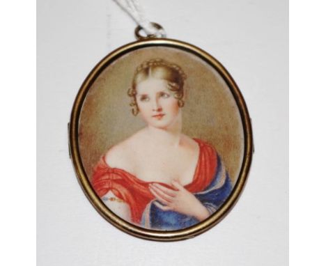 Antique handpainted portrait miniature portrait of a Lady in period dress, in an early brass frame, (height 7cm X width 5cm a