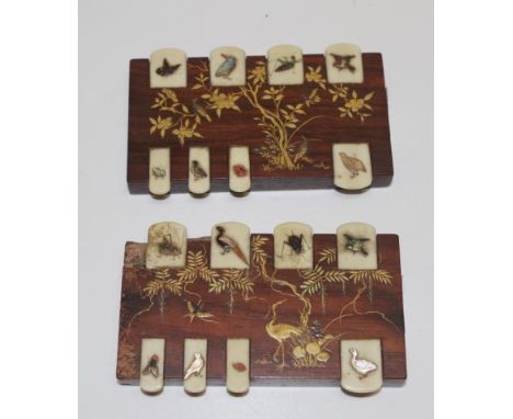 Pair vintage Japanese hand painted card counters each with hand painted bird decoration, on hand painted wood bases, (length 