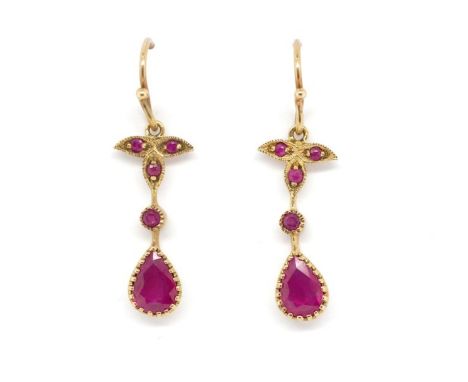 9ct rose gold and ruby hanging earrings with shepherd marked 375. Approx weight 2 grams