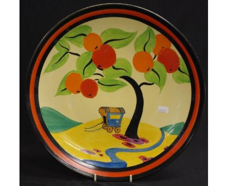 Rare Clarice Cliff applique charger handpainted Oranges &amp; wagon, 34cm diameter approx.