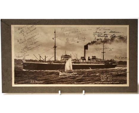 Photograph SS Nestor with NZ Olympic team signatures. The photograph has approximately 20  signatures in ink, under the hand 