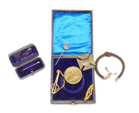 Antique jewellery group includes pearl and gold stick pin, coin stick pin and Victorian coin brooch, Victorian Jubilee medal,