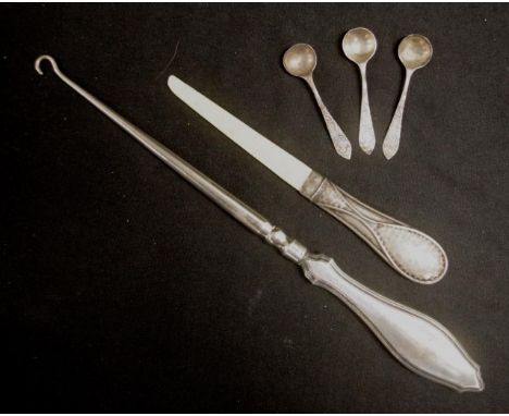 Five various sterling silver items including George V sterling silver handle boot hook, London 1910, maker's mark rubbed, (le