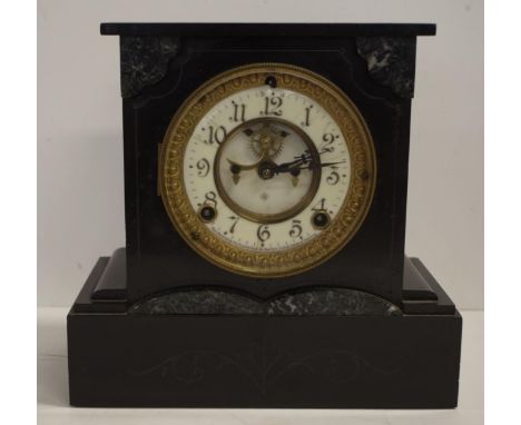 Antique Ansonia mantel clock with visible escapement, in slate and marble case, pendulum included, 24.5cm wide, 24cm high