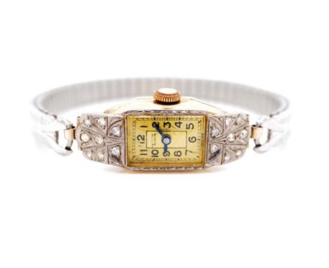 Art Deco diamond and 9ct gold Tudor watch marked 9c 375 RWC ltd to case. Swiss made Tudor 15 Rubies to manual wind movement. 