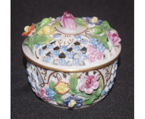 Dresden floral encrusted &amp; pierced trinket dish diameter 8.5cm approx