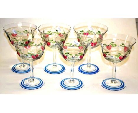 Six Orrefors champagne glasses with handpainted floral decoration, height 15cm approx
