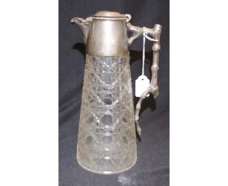 Silver plate &amp; crystal claret jug silver plate lid and bamboo form handle, (finial to lid missing), to crystal jug, (heig