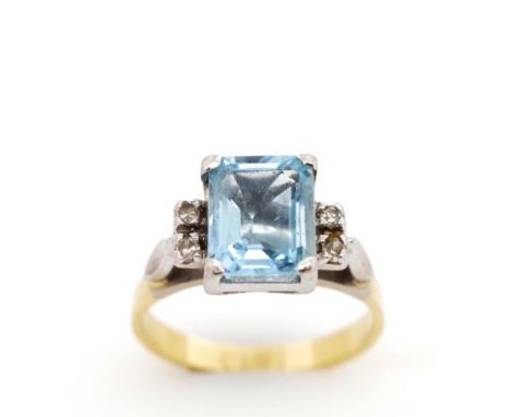 Aquamarine, diamond and 18ct yellow gold ring unmarked. Approx weight 4.3 grams, ring size J-K, 4x single cut diamonds, 7mm x