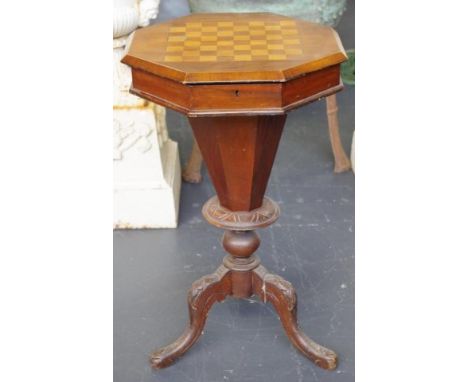 Victorian walnut sewing / chess table with hinged lift lid opening to a fitted interior, 44cm x 44cm, 73cm high approx