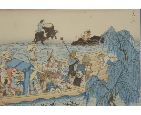 Antique Japanese coloured woodblock print Celebration Boat, signed upper right, (21cm X 30cm approx).