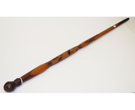 Australian blackwood walking stick carved with Aboriginal drawings. Ex John Williams Auctions