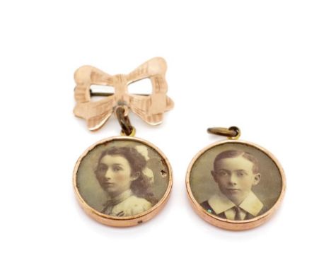 Antique 9ct rose gold portrait pendant brooch and another with out the bow form brooch. Marked 9c. Approx total weight 10 gra