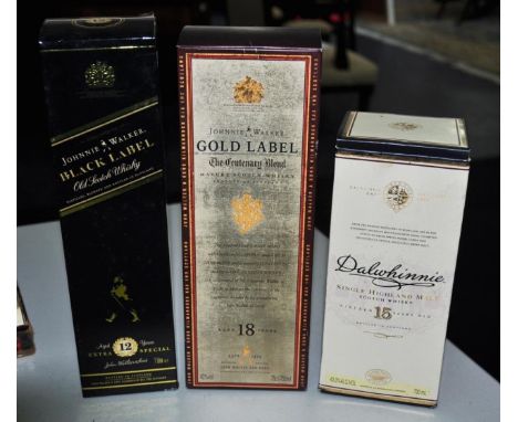 Three bottles of Scotch Whisky comprising Johnnie Walker Gold Label 750ml, Johnnie Walker Black Label 700ml &amp; Dalwhinnie 