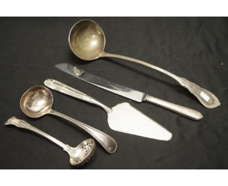 Quantity vintage silver plate cutlery including soup ladle, sauce ladle, bread knife, tea strainer, etc.