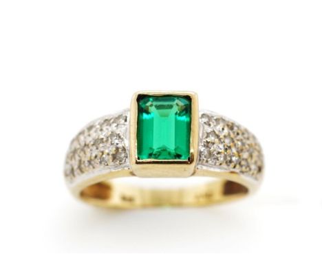 Synthetic emerald, diamond and 9ct gold ring marked 375 A&amp;C to yellow gold shank. Approx weight 3.4 grams, ring size N-O