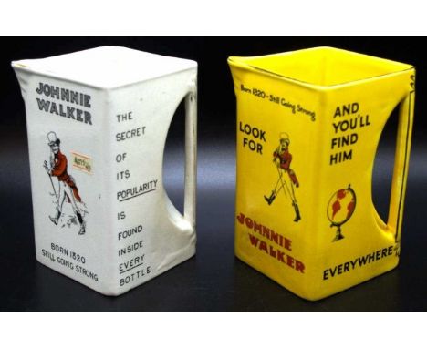 Two various Johnnie Walker scotch whisky jugs both made by James Green &amp; Nephew, one white with black and red print, the 