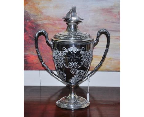 Sydney Harbour silver plate sailing trophy cup 'The Frank Eaton Cup', twin handled trophy cup with sailing boat finial, inscr