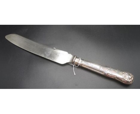 Victorian sterling silver handle bread knife Sheffield 1896, makers Harrison Brothers and Howson, Kings pattern to handle.