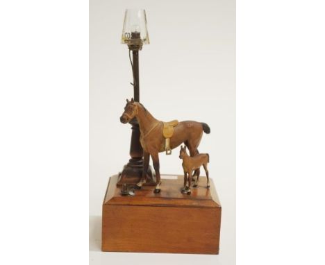 Rare horse &amp; foal figure lantern depicting metal horse with foal, on wood stand with street light lantern, operated by ba