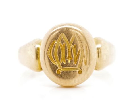 Victorian 18ct yellow gold signet ring marked Birmingham 1887 EV. Approx weight 7 grams, ring size T