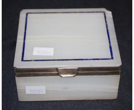 Art deco Onyx &amp; Lapis Lazuli trinket box with hallmarked London 1904 hinge, width 10cm X depth 9.5cm X height 5cm approx 
