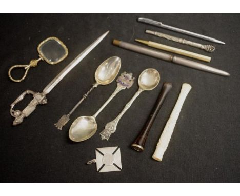 Collection of vintage cheroots holders and pens including sterling silver and ivory, together with 3 souvenir spoons, a eye g