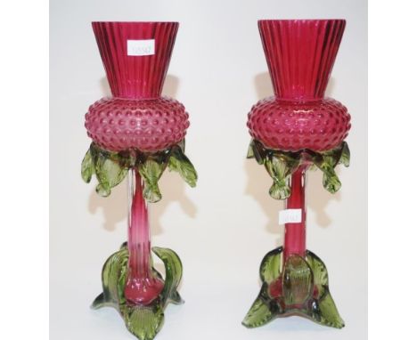 Pair of antique ruby glass thistle vases height 24.5cm approx (as inspected)