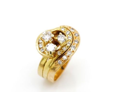 Diamond set 18ct yellow and rose gold ring marked 750. Approx weight 8.94 grams, ring size M. 22x round brilliant cut diamond
