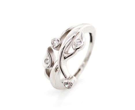 Diamond set 18ct white gold ring of open work modern leaf &amp; vine form. Marked 750. Approx weight 4.48 grams ring size N-O